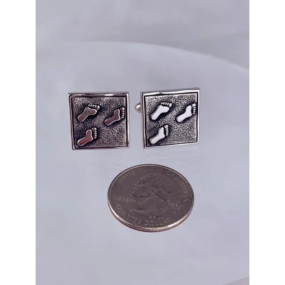 Footprints in Sand Silver Tone Cufflinks Footsteps 3 Dimensional Swank Vintage